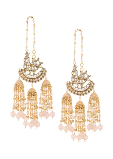 Pink Danglers With Three Bell Drops In Gold Finish Mix Metal