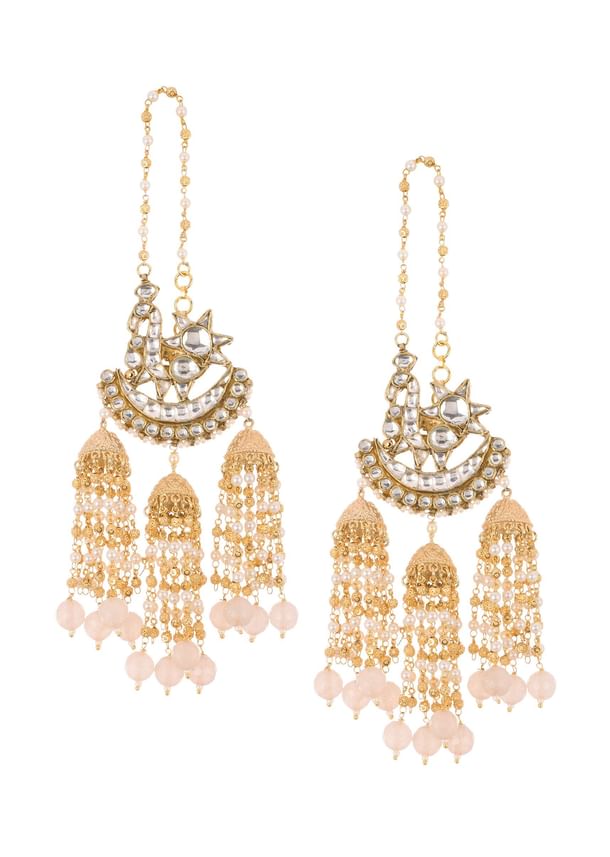 Pink Danglers With Three Bell Drops In Gold Finish Mix Metal Pink Danglers With Three Bell Drops In Gold Finish Mix Metal