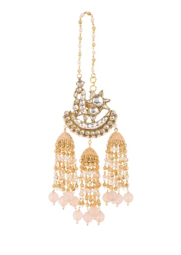 Pink Danglers With Three Bell Drops In Gold Finish Mix Metal