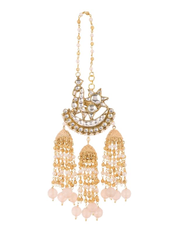 Pink Danglers With Three Bell Drops In Gold Finish Mix Metal Pink Danglers With Three Bell Drops In Gold Finish Mix Metal