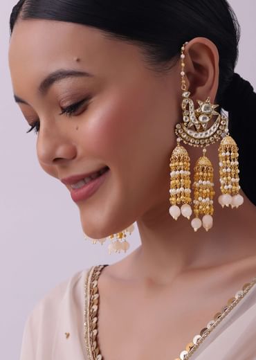 Pink Danglers With Three Bell Drops In Gold Finish Mix Metal