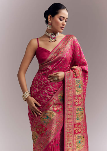 Pink Dola Silk Woven Saree With Delicate Hand Embroidery