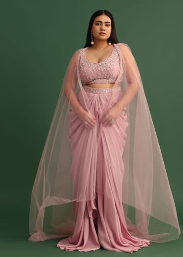 Peony Pink Draped Skirt With Sweatheart Neck Blouse With High Low Cape