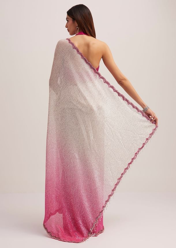 Pink Ombre Sequins Saree With Scallop Border