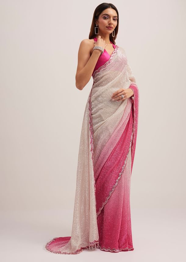 Pink Ombre Sequins Saree With Scallop Border