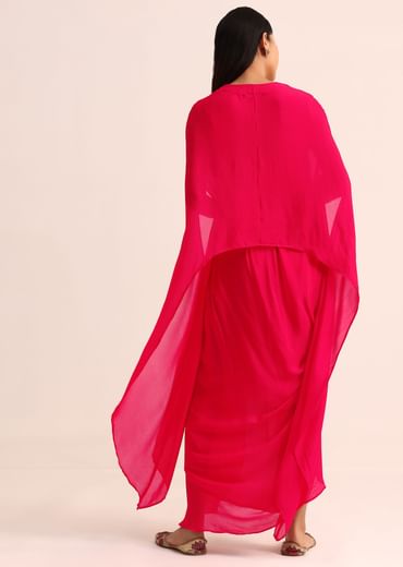 Pink Embroidered Chiffon Skirt And Cape