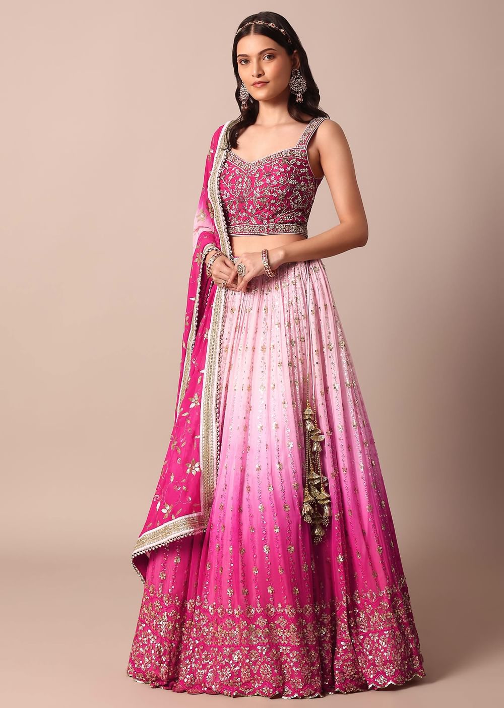 Pink Embroidered Choli With Exquisite Lehenga And Sequin-Adorned Dupatta