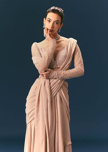 Pink Embroidered Draped Skirt Saree With Blouse