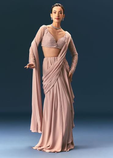 Pink Embroidered Draped Skirt Saree With Blouse