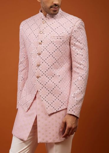Powder Pink Embroidered Indo-Western Bandi Set In Georgette