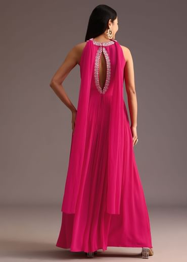 Pink Embroidered Jumpsuit With Choker Net Dupatta