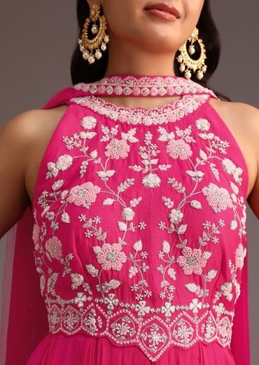 Pink Embroidered Jumpsuit With Choker Net Dupatta