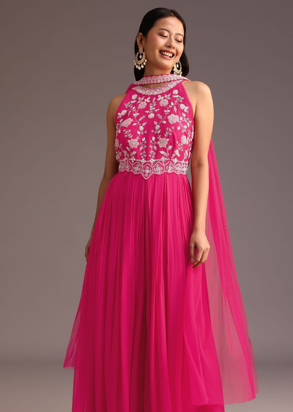 Pink Embroidered Jumpsuit With Choker Net Dupatta