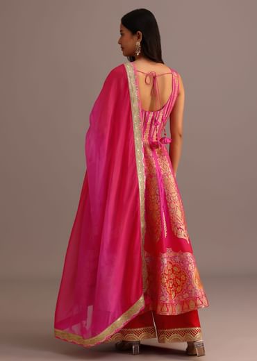 Pink Embroidered Kurti Palazzo With Organza Dupatta