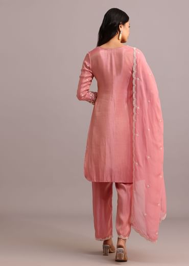 Pink Embroidered Kurti Set With Butti Work On Organza Dupatta