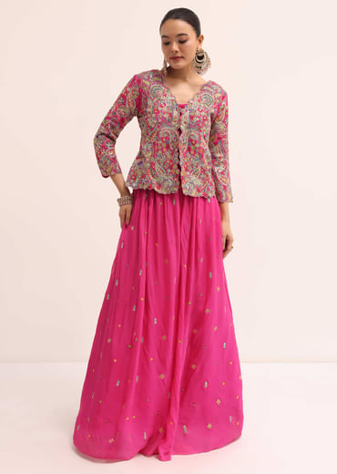 Pink Embroidered Lehenga Set With Jacket