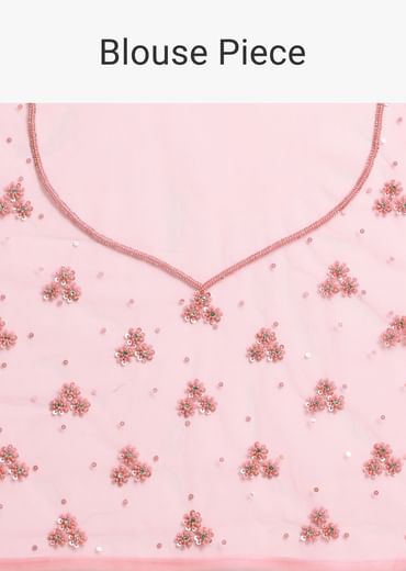 Pink Embroidered Net Saree With Unstitched Blouse