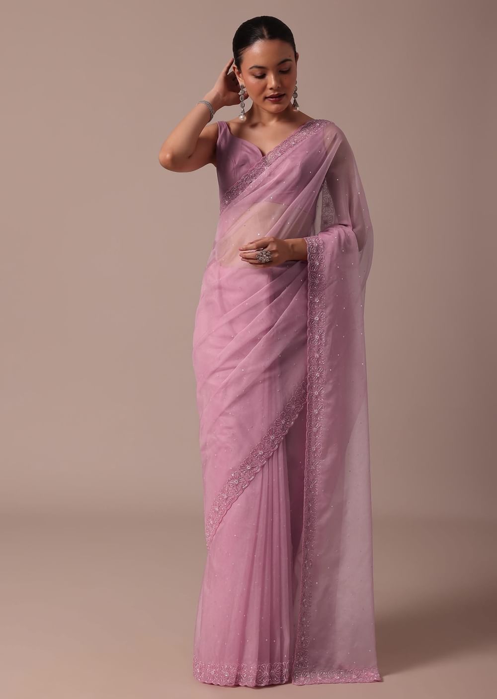 Pink Embroidered Organza Saree With Unstitched Blouse