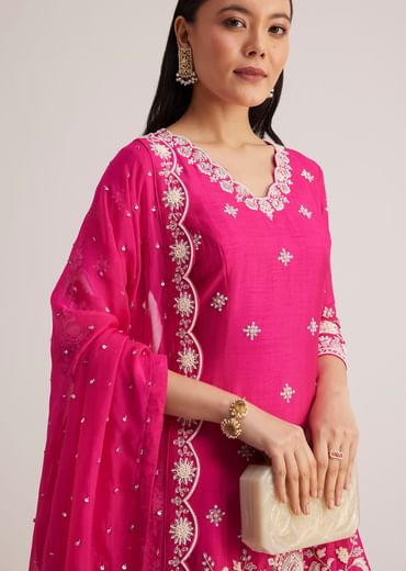 Pink Embroidered Palazzo Suit With Dupatta