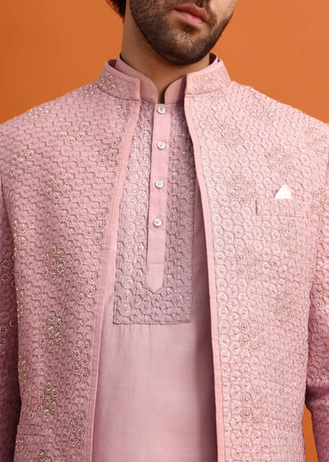 Pink Embroidered Silk Jodhpuri Set For Men