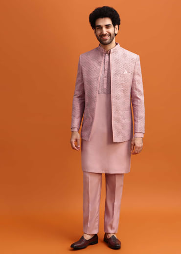 Pink Embroidered Silk Jodhpuri Set For Men