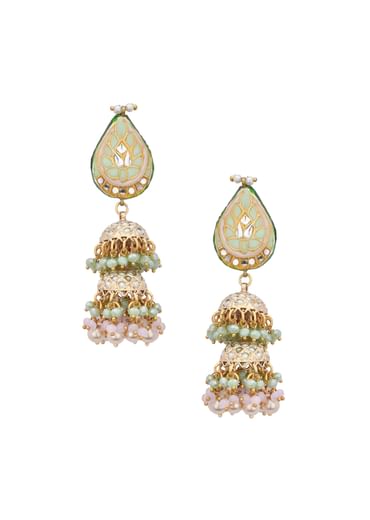 Pink Enameled Jhumkas With Bead Drops