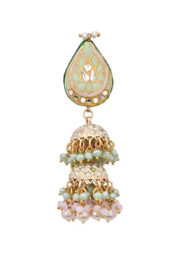 Pink Enameled Jhumkas With Bead Drops