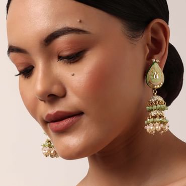 Pink Enameled Jhumkas With Bead Drops