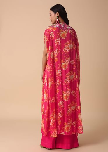 Pink Floral Croptop And Palazzo With Jacket