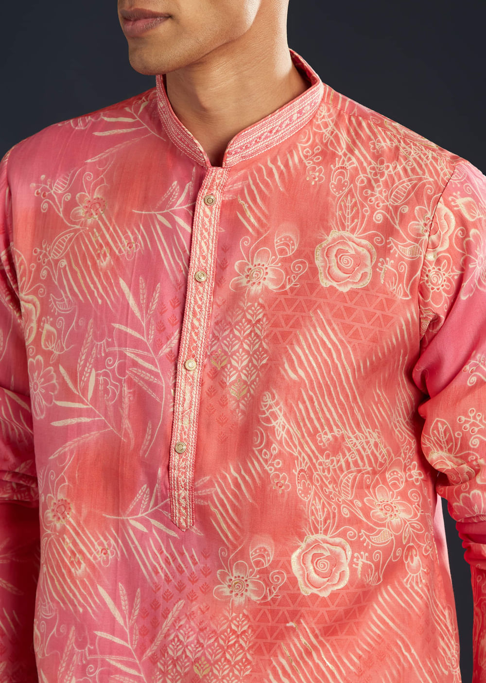 Pink Floral Print Art Silk Kurta and Pant Set
