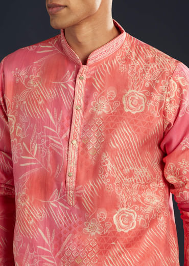 Pink Floral Print Art Silk Kurta and Pant Set