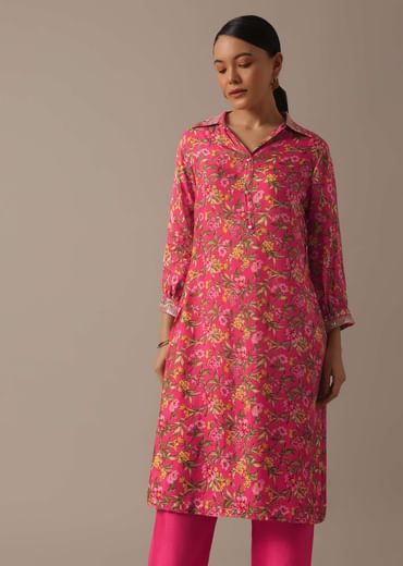 Pink Floral Print Kurta Set With Sequin Work