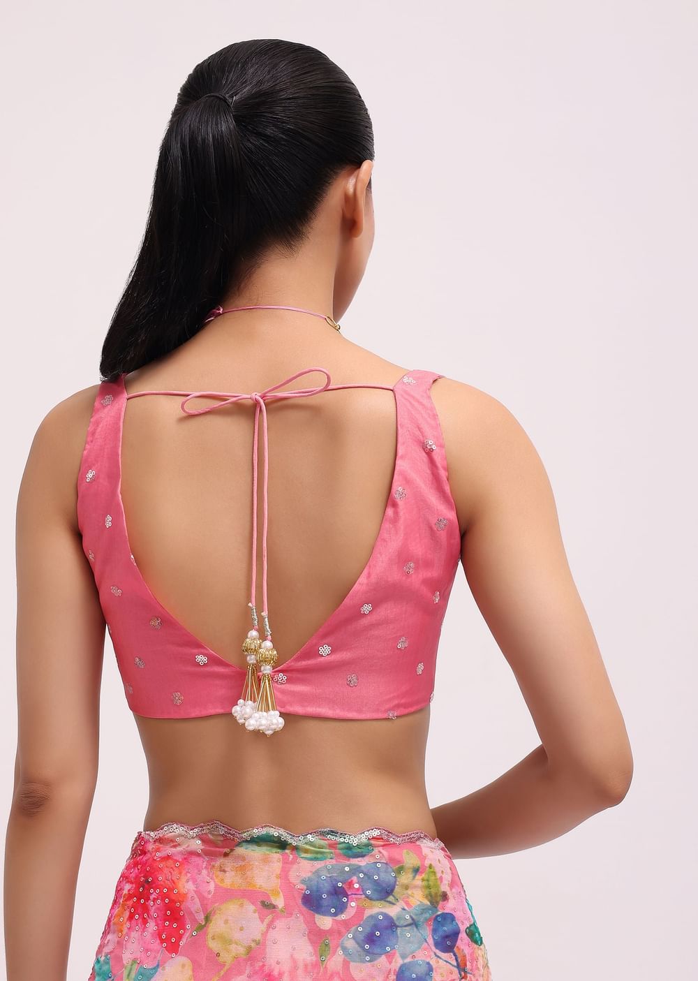 Pink Floral Printed Organza Saree With Unstitched Blouse