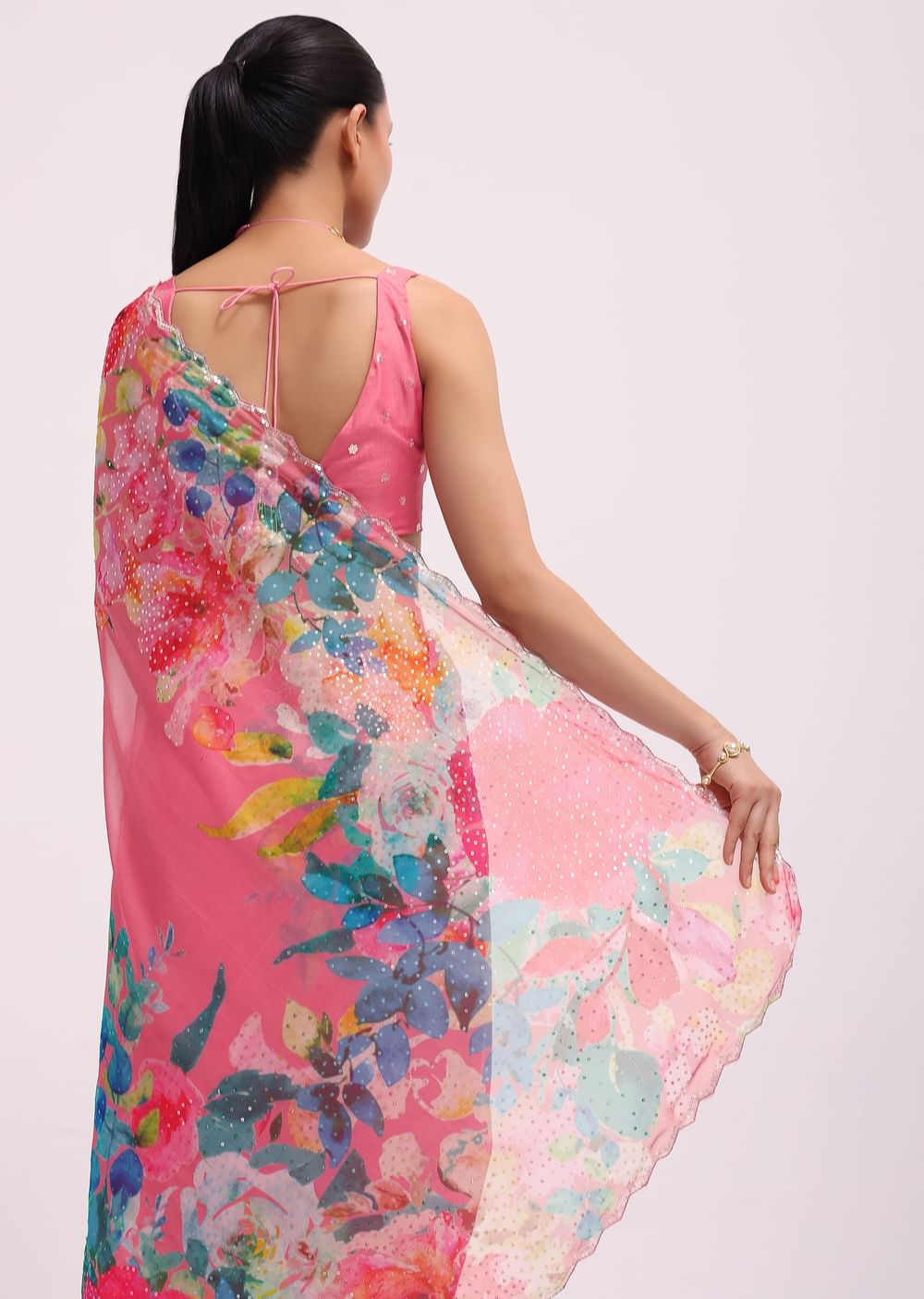 Pink Floral Printed Organza Saree With Unstitched Blouse