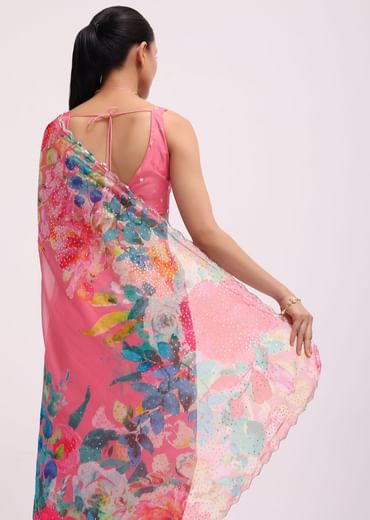 Pink Floral Printed Organza Saree With Unstitched Blouse