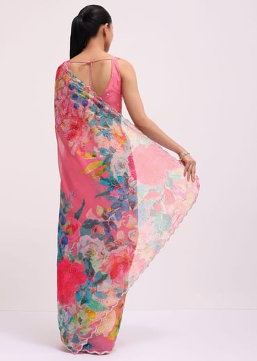 Pink Floral Printed Organza Saree With Unstitched Blouse