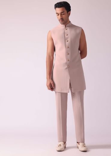 Pink Foil Print Jacquard Indowestern Set
