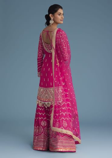 Pink Georgette Sharara Set With Mirror Sequins And Zardosi Work