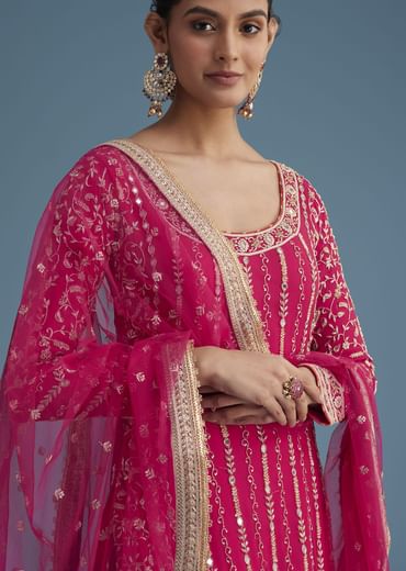 Pink Georgette Sharara Set With Mirror Sequins And Zardosi Work