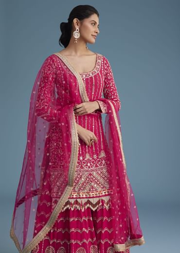 Pink Georgette Sharara Set With Mirror Sequins And Zardosi Work