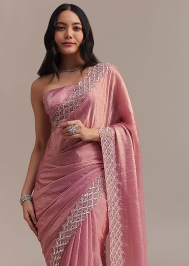 Pink Glass Tissue Saree With Sequins And Moti Embroidered Border