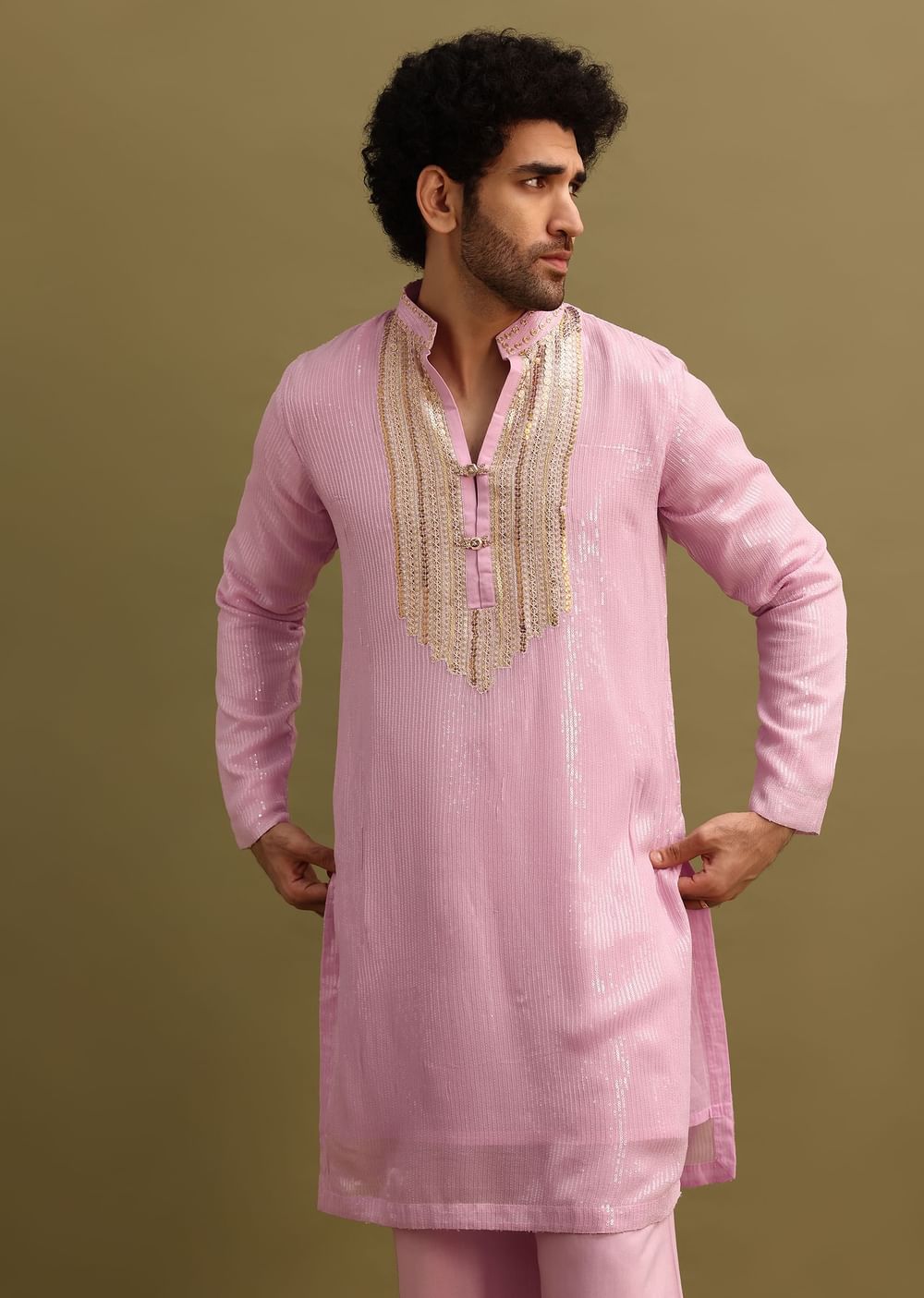 Pink Gold Sequin Work Kurta Pant Set
