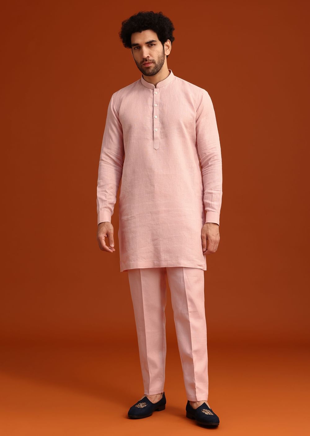 Pink Hand Embroidered Jacket And Kurta Set In Linen