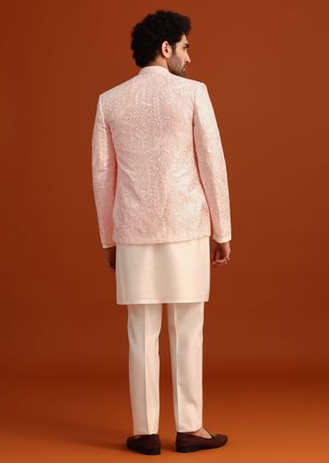 Pink Indo-Western Jacket And Kurta Set In Silk With French Knots