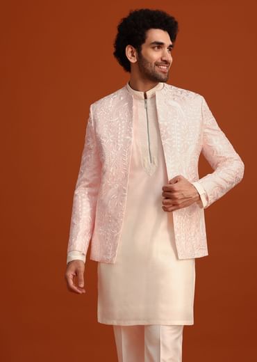 Pink Indo-Western Jacket And Kurta Set In Silk With French Knots
