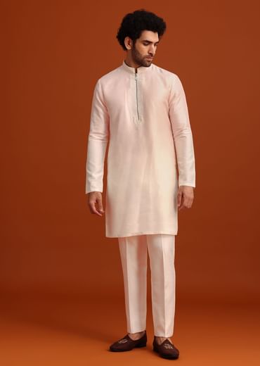 Pink Indo-Western Jacket And Kurta Set In Silk With French Knots
