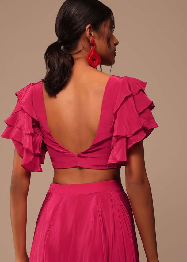 Pink Indo-western Saree And Layered Sleeves Blouse Set In Crepe Pink Indo-western Saree And Layered Sleeves Blouse Set In Crepe