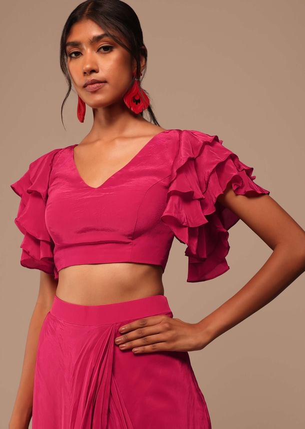 Pink Indo-western Saree And Layered Sleeves Blouse Set In Crepe Pink Indo-western Saree And Layered Sleeves Blouse Set In Crepe