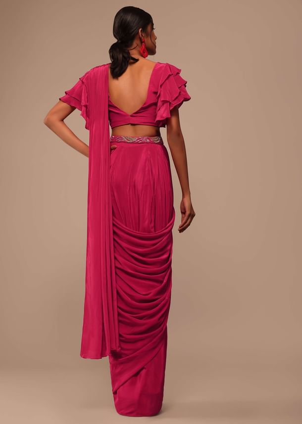 Pink Indo-western Saree And Layered Sleeves Blouse Set In Crepe Pink Indo-western Saree And Layered Sleeves Blouse Set In Crepe