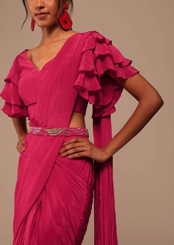 Pink Indo-western Saree And Layered Sleeves Blouse Set In Crepe Pink Indo-western Saree And Layered Sleeves Blouse Set In Crepe